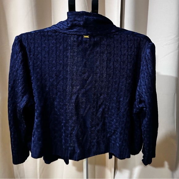 St. John Women’s Blue Cableknit 3/4 sleeve open front cardigan shrug. Size L - Picture 6 of 14